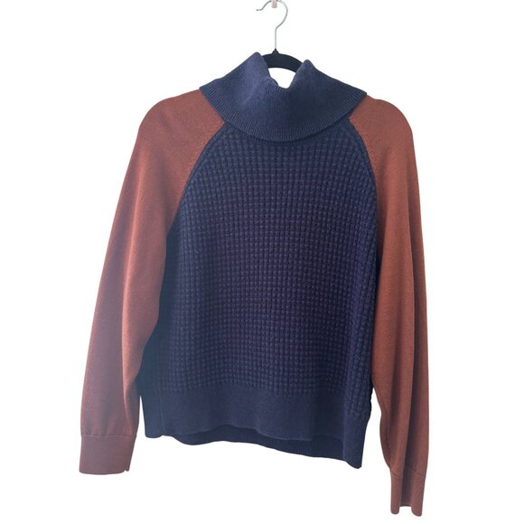 COS Wool Cotton Colorblock Waffle Turtleneck Sweater Navy Blue Rust - Picture 2 of 10